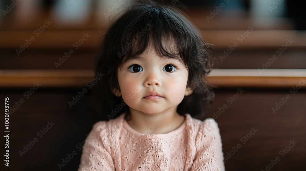 A sweet young girl with curly dark hair and innocent expression wears a light pink dress while sitting quietly on church bench, capturing pure innocence and simplicity. A sweet young girl with curly dark hair and innocent expression wears a light pink dress while sitting quietly on church bench, capturing pure innocence and simplicity.