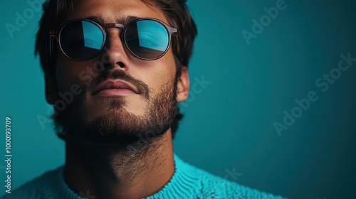 A close-up image of a person wearing a blue sweater with a teal background, highlighting the texture of the sweater and the vibrant color contrast.