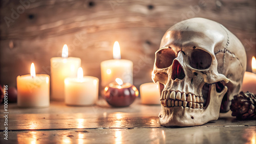 Skull with candles on a wooden table creating a spooky atmosphere