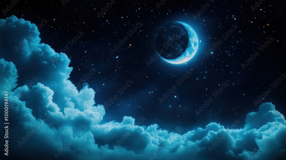 Obraz premium A photograph of the moonlit sky, showcasing the celestial bodies and the stars twinkling against the dark canvas.
