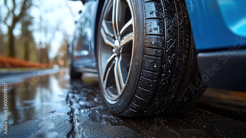 Wallpaper Mural The wet surface of a tire showcases its detailed tread design, reflecting puddles on a rainy urban street Torontodigital.ca