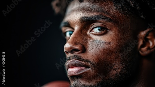 A portrait of a man exuding confidence and determination with a piercing gaze and athletic build, capturing a moment of resolve and focus in his journey.