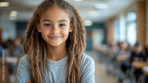 A young girl with dreadlocks smiles confidently in a lively classroom environment during class time