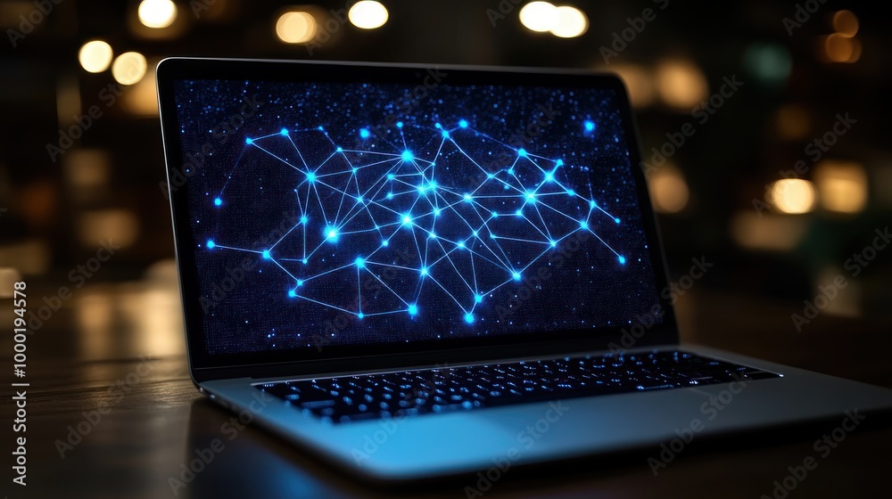 A laptop screen shows a vibrant network of blue nodes connected by lines in a warm, inviting atmosphere A laptop screen shows a vibrant network of blue nodes connected by lines in a warm, inviting atmosphere