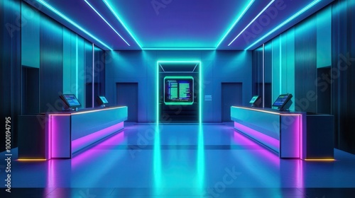 Futuristic bank lobby with digital hologram machines, glass partitions, and sleek minimalist furniture, Cyberpunk, neon green and blue lighting