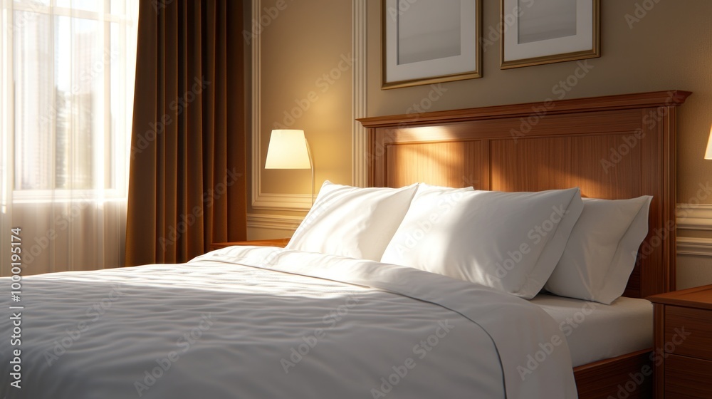 A bright and inviting bedroom features a neatly made bed illuminated by soft morning light A bright and inviting bedroom features a neatly made bed illuminated by soft morning light