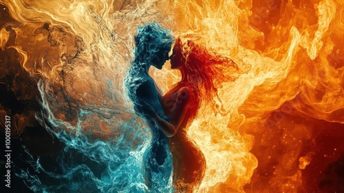 passionate embrace between two lovers their bodies intertwining like flames and water swirling elements represent the intense duality of their connection in a surreal abstract style
