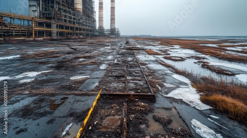 A desolate industrial site with muddy tracks and scattered patches of snow, shadowed by gray skies, conveys a sense of abandonment and the passing of time. photo