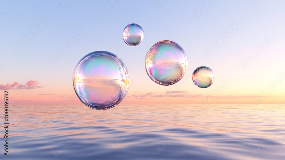 Iridescent bubbles float serenely in a tranquil sunset sky, symbolizing dreams, hope, fragility, reflection, and the ephemeral beauty of life. Iridescent bubbles float serenely in a tranquil sunset sky, symbolizing dreams, hope, fragility, reflection, and the ephemeral beauty of life.