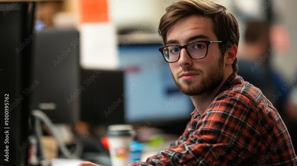 Fototapeta premium A young male programmer wearing glasses, deeply focused on his work at a computer.