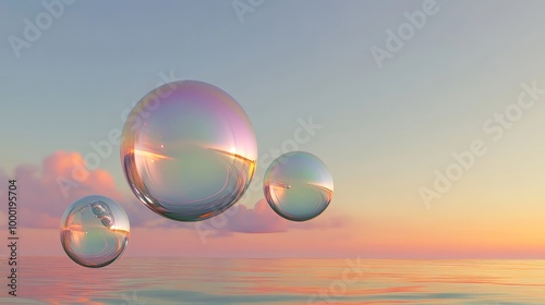 Iridescent bubbles float peacefully in a tranquil sunset sky, reflecting the warm colors of the horizon, symbolizing dreams, hope, and the ephemeral nature of life.