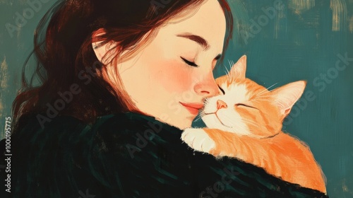 A minimalist illustration of a woman affectionately hugging an orange cat.