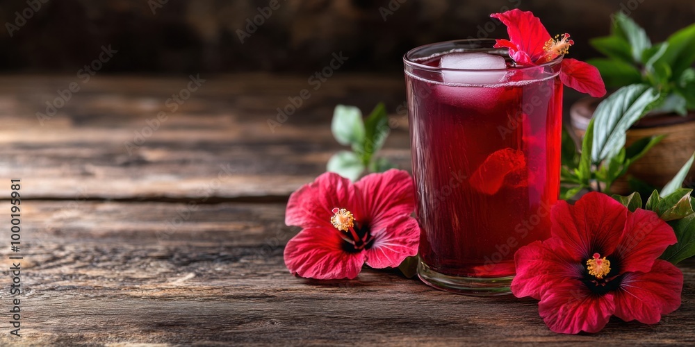 Glass of Agua de Jamaica with Hibiscus Flowers on a Rustic Table Glass of Agua de Jamaica with Hibiscus Flowers on a Rustic Table