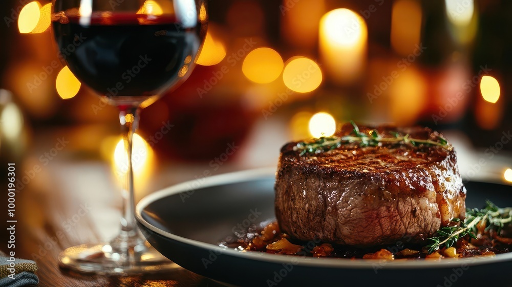 perfectly seared steak on elegant plate accompanied by glass of red wine rich juicy meat glistens in warm restaurant lighting sophisticated presentation emphasizes fine dining experience perfectly seared steak on elegant plate accompanied by glass of red wine rich juicy meat glistens in warm restaurant lighting sophisticated presentation emphasizes fine dining experience