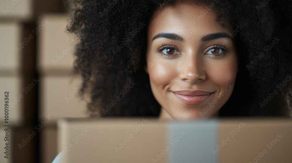 A close-up of a woman with curly hair gently smiling behind a large cardboard box, symbolizing anticipation, new beginnings, and personal growth. A close-up of a woman with curly hair gently smiling behind a large cardboard box, symbolizing anticipation, new beginnings, and personal growth.