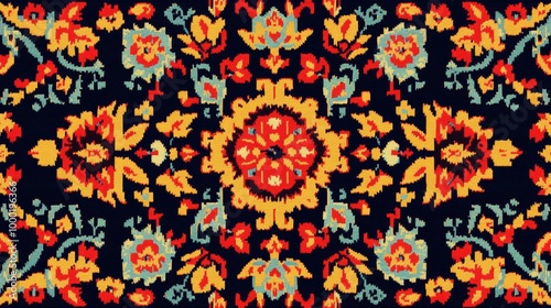 A bold floral motif centered on an ornate rug with vibrant and symmetrical patterns.