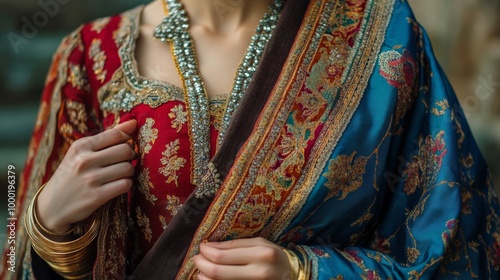 Close-up of ornate textiles showcasing detailed weaving and bold, intricate patterns.