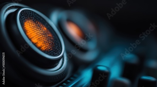 A close-up image of a car's audio system speaker, illuminated by warm light, showcasing modern technology and the intricate details and design of the speaker system in a vehicle. photo