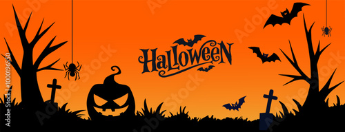 Vector illustration. Happy Halloween flaer. Halloween pumpkins and bats. Template for design photo