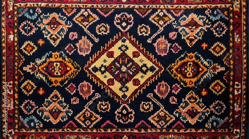 Traditional rug featuring a central bold motif surrounded by symmetrical patterns and rich colors. photo