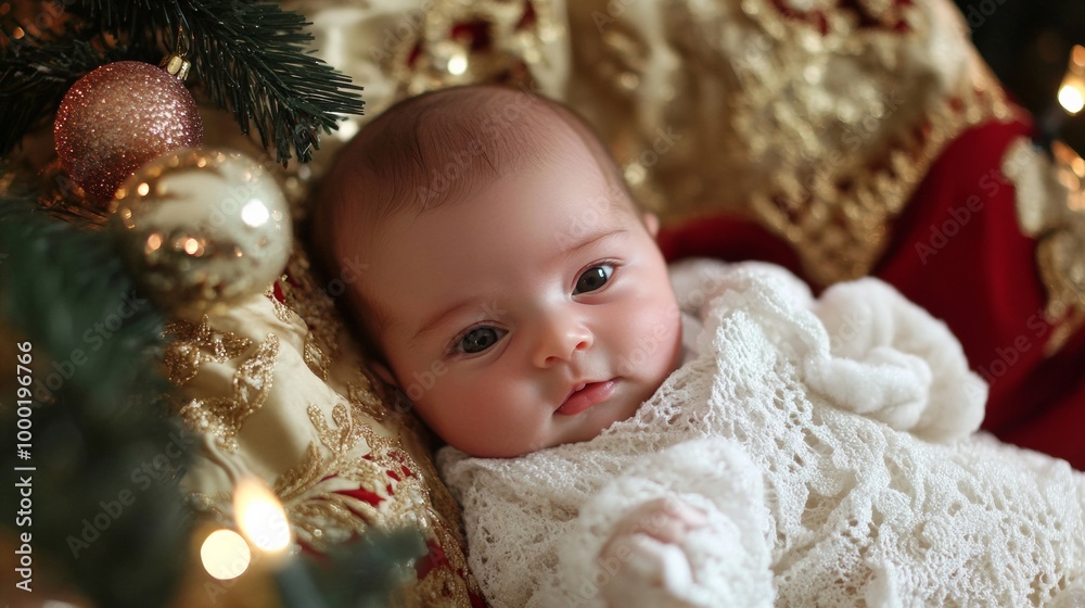 A baby dressed in white, surrounded by holiday decorations, lying near a Christmas tree.