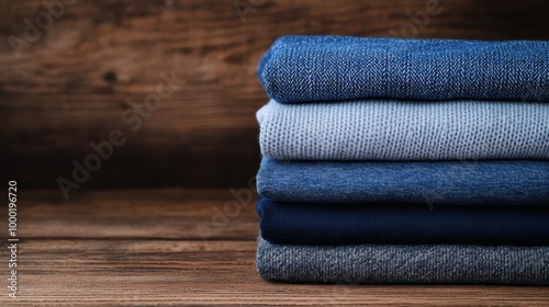 Several folded sweaters in varying shades of blue and gray arranged neatly on a wooden table, emphasizing the cozy and soft fabric textures under natural light.