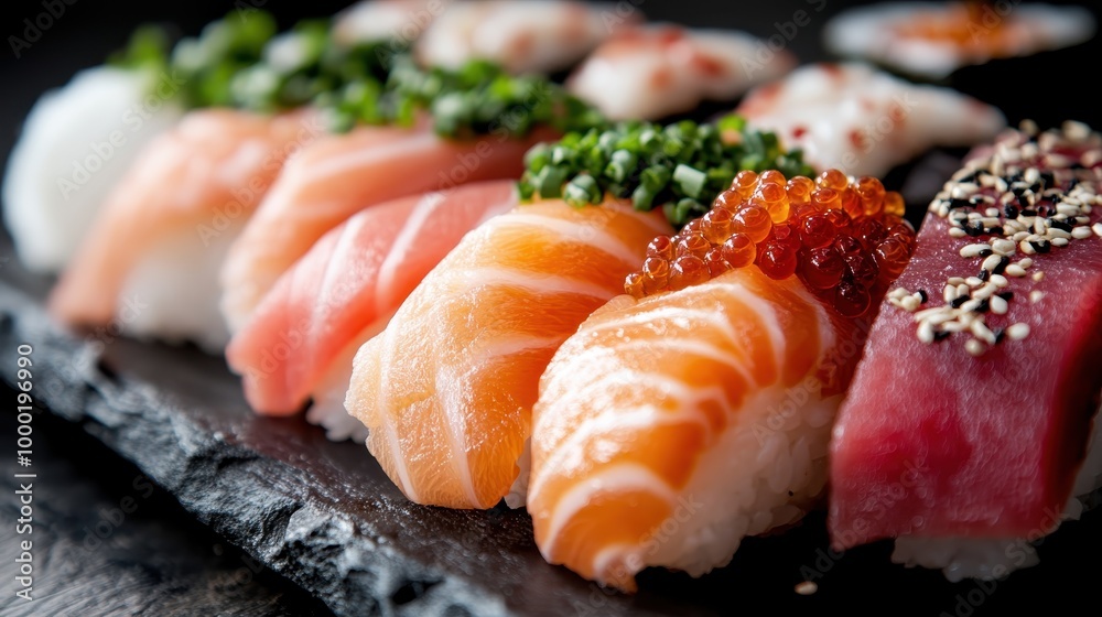A close-up image of assorted sushi rolls with different toppings, including salmon, roe, and chives, arranged beautifully on a black slate surface with blurred background. A close-up image of assorted sushi rolls with different toppings, including salmon, roe, and chives, arranged beautifully on a black slate surface with blurred background.