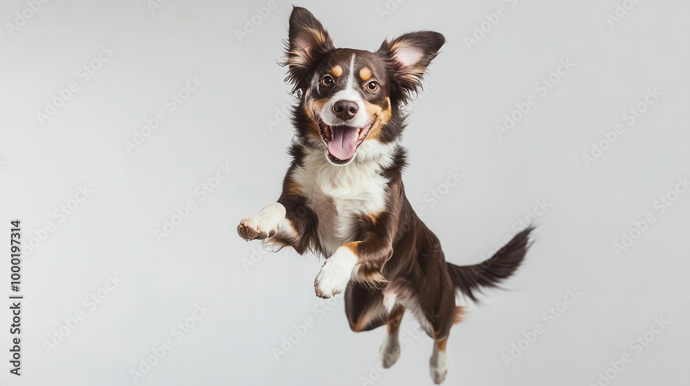 playful dog with wagging tail leaping joyfully against crisp white background pet photography playful dog with wagging tail leaping joyfully against crisp white background pet photography