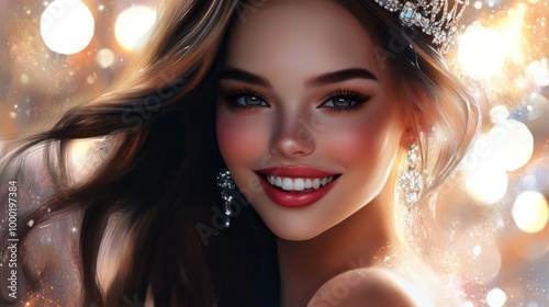 Smiling Woman with Glittering Crown and Glamorous Look