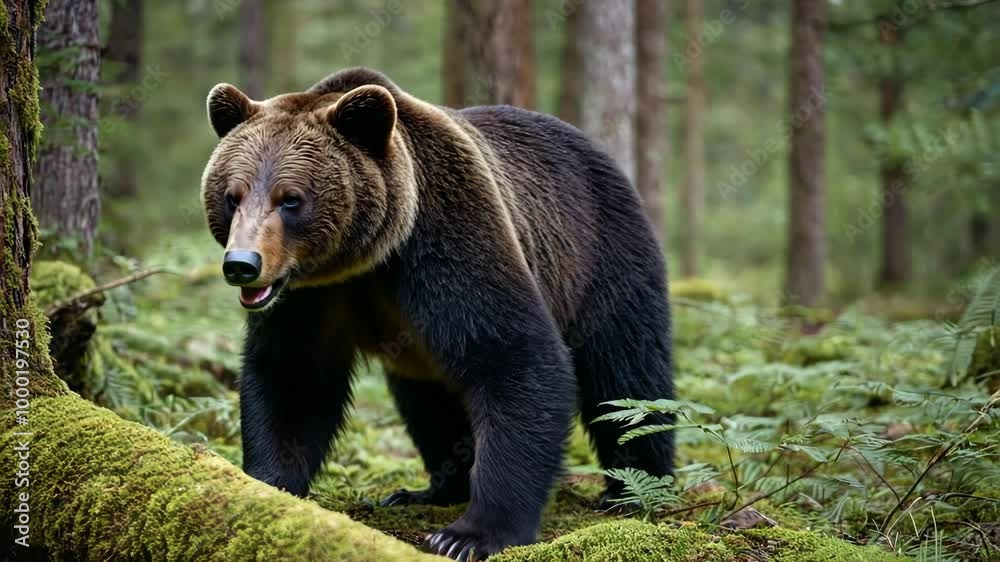 Wild brown bear standing and looking around in the forest. Summer or autumn animal wildlife watching footage for animalistic video. Realistic shot at woods landscape with mammal. Wild brown bear standing and looking around in the forest. Summer or autumn animal wildlife watching footage for animalistic video. Realistic shot at woods landscape with mammal.