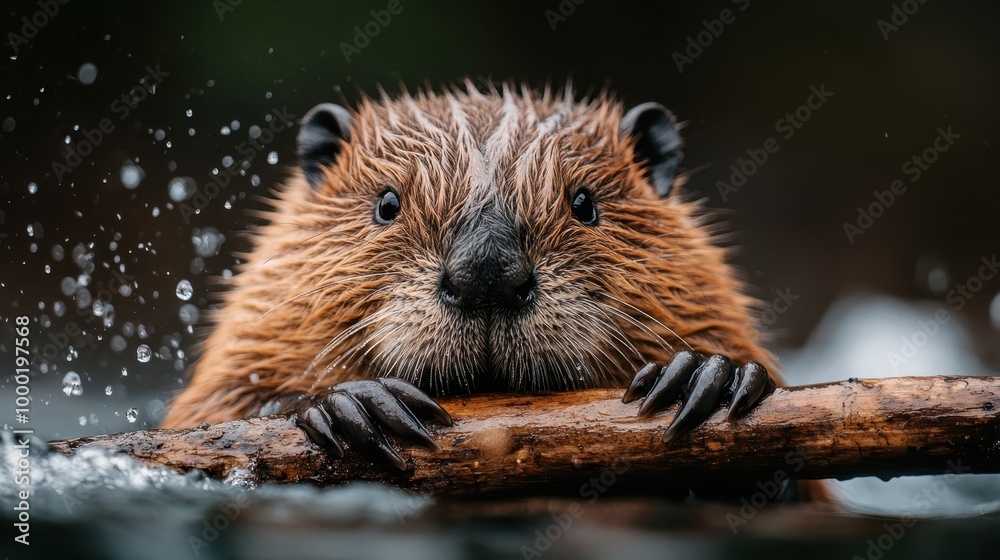 A close-up image of a beaver grasping a stick in water, with water droplets splashing around, showcasing its natural habitat and behavior in the wild. A close-up image of a beaver grasping a stick in water, with water droplets splashing around, showcasing its natural habitat and behavior in the wild.