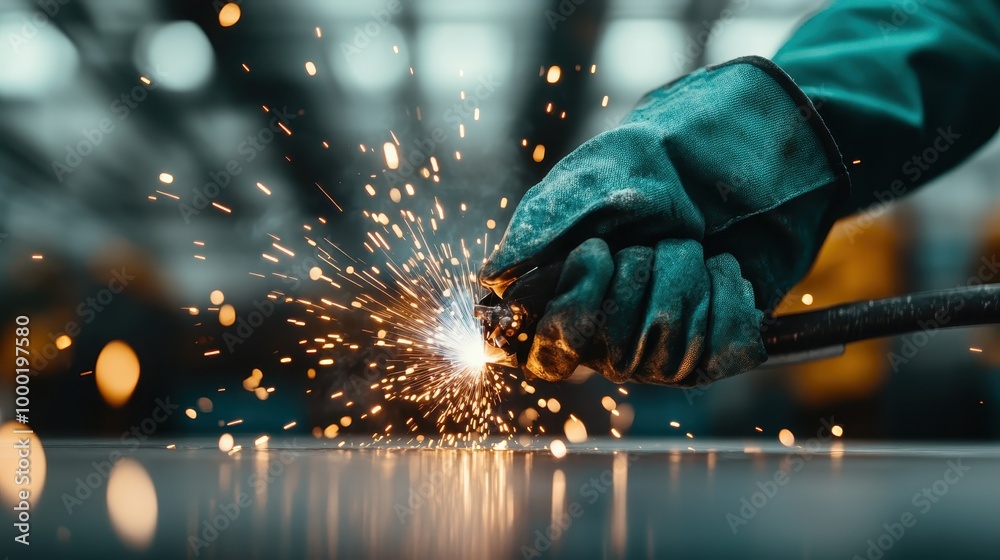 A gloved hand is welding metal in a workshop, with sparks flying, highlighting the precision, craftsmanship, and energy in this intense industrial activity. A gloved hand is welding metal in a workshop, with sparks flying, highlighting the precision, craftsmanship, and energy in this intense industrial activity.