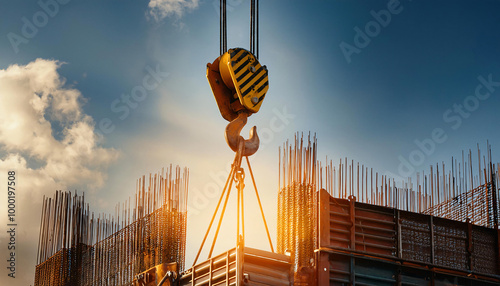 Close-Up of Crane Hook Lifting Heavy Materials
