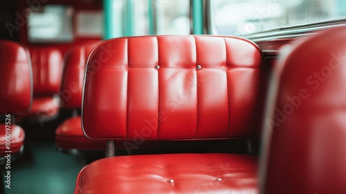 A detailed view of a retro diner booth upholstered in bright red leather with button-tufted design, offering a cozy and authentic feel of classic dining experiences. photo