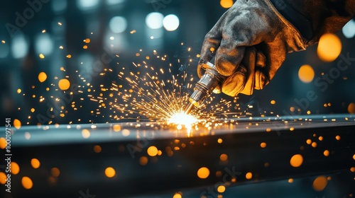 A gloved hand is shown welding metal, with bright sparks flying around in a blurred background, showcasing a dynamic and industrial work scene.