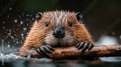 A close-up image of a beaver grasping a stick in water, with water droplets splashing around, showcasing its natural habitat and behavior in the wild.