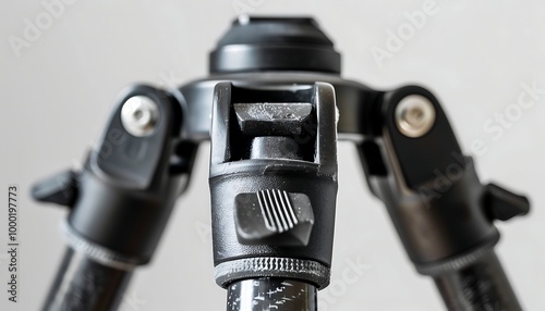 closeup of a tripod with a screw in it on a grey background