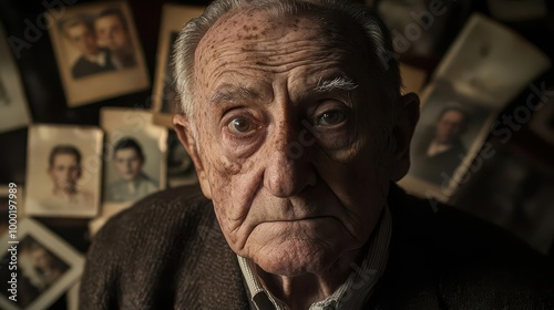 poignant portrait of an elderly man with a distant gaze surrounded by fading family photographs and personal mementos with some areas blurred to represent lost memories