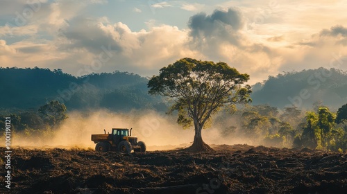 poignant scene of deforestation with a solitary ancient tree standing amidst a cleared landscape heavy machinery looms ominously in the background highlighting the urgent need for conservation photo