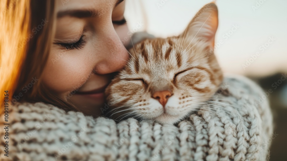 A heartwarming image of a tabby cat contently sleeping on a knitted sweater, capturing a moment of pure comfort and warmth, with a gentle, evening light background. A heartwarming image of a tabby cat contently sleeping on a knitted sweater, capturing a moment of pure comfort and warmth, with a gentle, evening light background.
