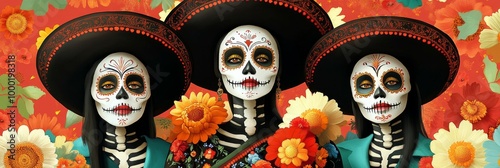 Three Catrinas, adorned with vibrant skull makeup and traditional attire, celebrate Dia de los Muertos surrounded by colorful flowers, symbolizing life, death, and remembrance. photo