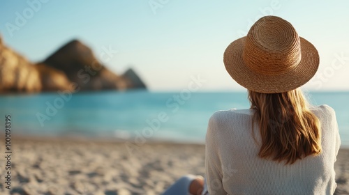 A woman wearing a straw hat and a white sweater sits on a scenic beach admiring the tranquil turquoise waters and distant rugged hills in the background. photo