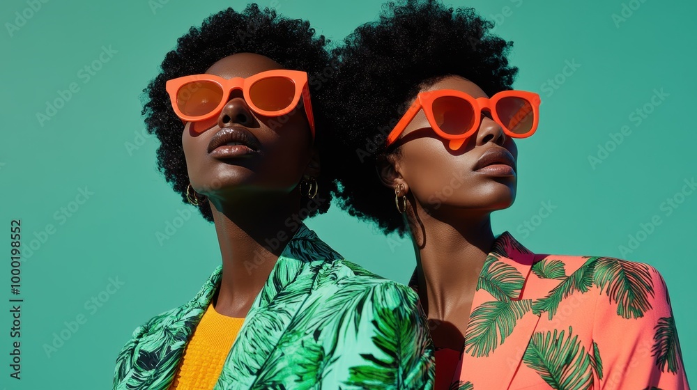 Image captures two stylish individuals wearing bright, patterned suits and vibrant accessories, featuring bold fashion choices and a confident modern aesthetic. Image captures two stylish individuals wearing bright, patterned suits and vibrant accessories, featuring bold fashion choices and a confident modern aesthetic.