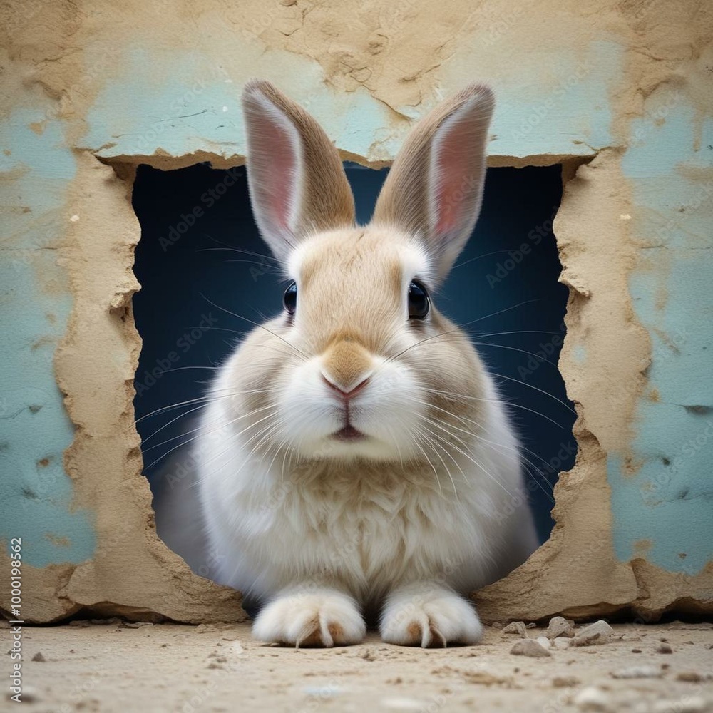 Playful Bunny Emerging from Blue Fluffy Hole