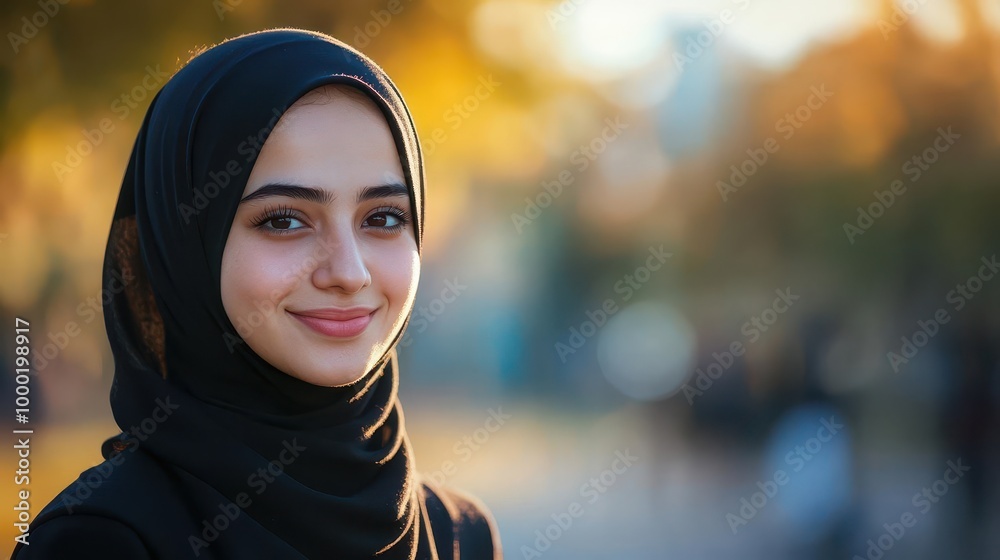 portrait of young muslim woman wearing hijab radiating warmth and confidence soft lighting and genuine smile create welcoming positive atmosphere