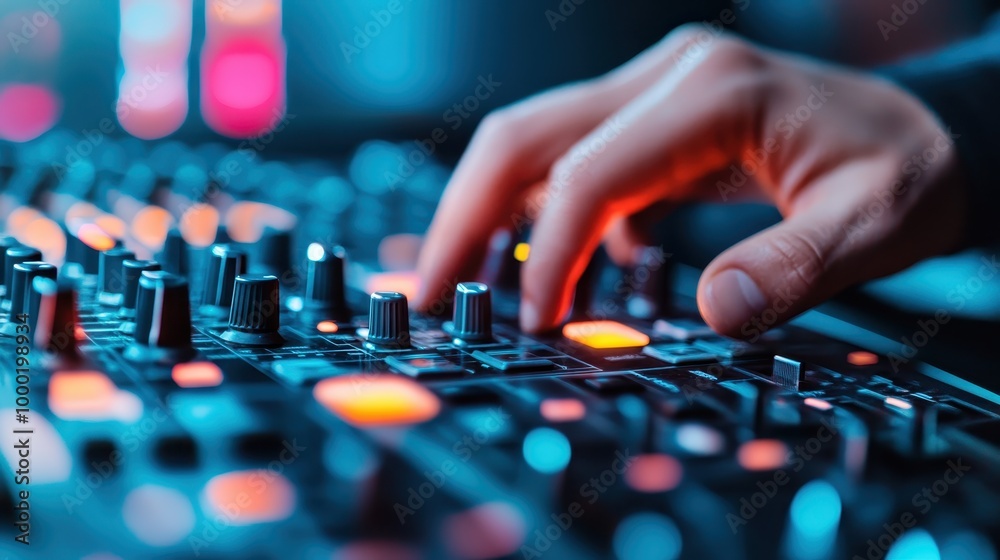 A hand modulating an audio mixer with various knobs and sliders, illuminated by colorful studio lights, creating a dynamic atmosphere for music production. A hand modulating an audio mixer with various knobs and sliders, illuminated by colorful studio lights, creating a dynamic atmosphere for music production.