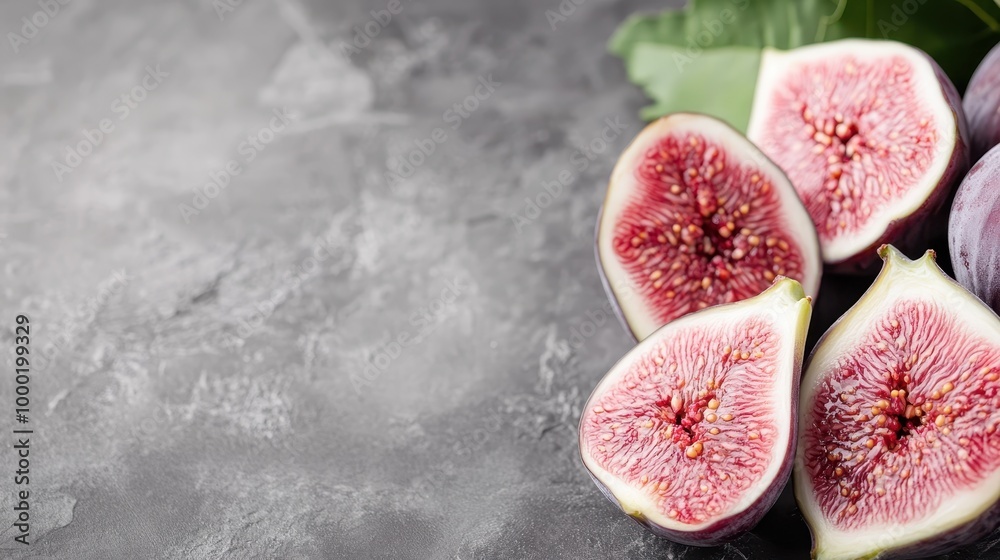 Image of half-sliced figs arranged artfully on a gray stone surface with a green leaf accent, capturing the essence of freshness and natural beauty. Ideal for culinary stock images. Image of half-sliced figs arranged artfully on a gray stone surface with a green leaf accent, capturing the essence of freshness and natural beauty. Ideal for culinary stock images.