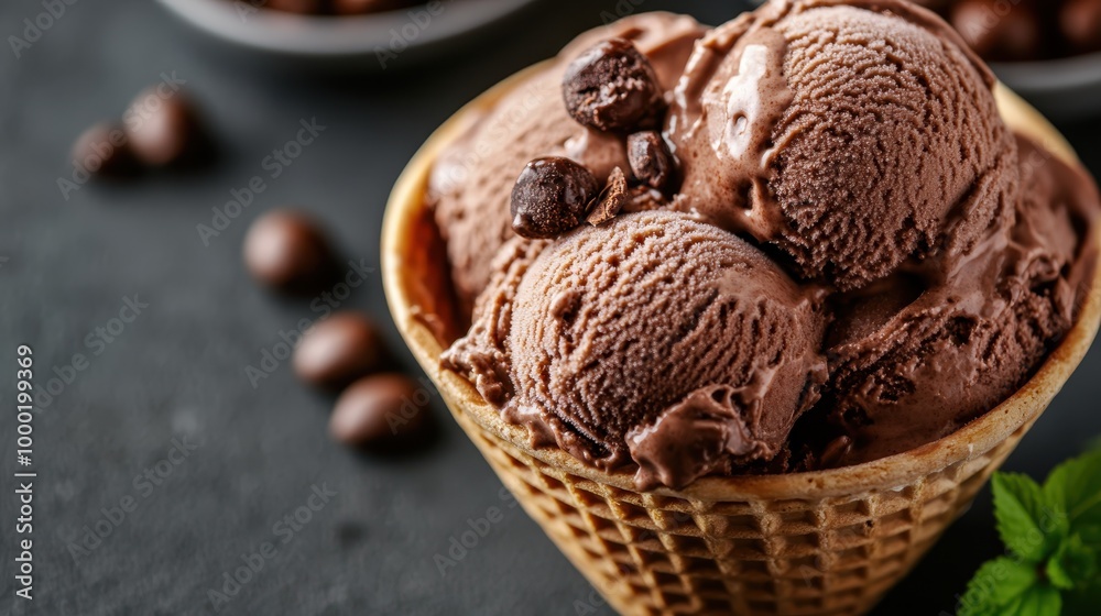 Macro shot of multiple scoops of chocolate ice cream nestled in a waffle cone, with coffee beans scattered around and mint leaves for garnish on a dark background. Macro shot of multiple scoops of chocolate ice cream nestled in a waffle cone, with coffee beans scattered around and mint leaves for garnish on a dark background.