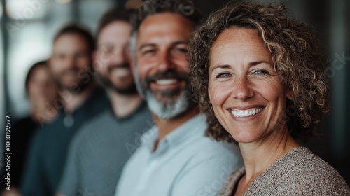 A mature group of friends smiling and enjoying each other's company indoors, with a focus on a joyful woman, exuding a sense of community and happiness.