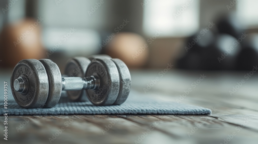 Close-up shot of metal dumbbells placed on a blue exercise mat in a spacious gym, symbolizing strength training, workout routines, and physical fitness dedication. Close-up shot of metal dumbbells placed on a blue exercise mat in a spacious gym, symbolizing strength training, workout routines, and physical fitness dedication.